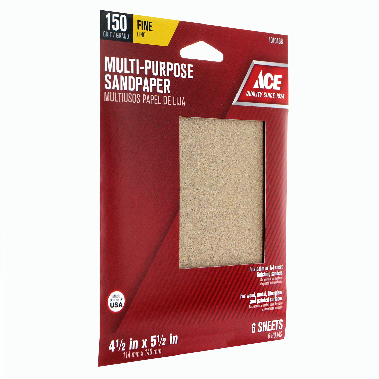 Ace 5-1/2 in. L X 4-1/2 in. W 150 Grit Aluminum Oxide 1/4 Sheet Sandpaper 6 pk