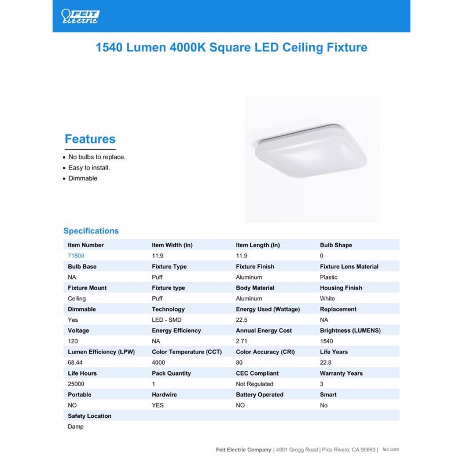 Feit LED 2.5 in. H X 12 in. W X 12 in. L Aluminum White LED Ceiling Light Fixture