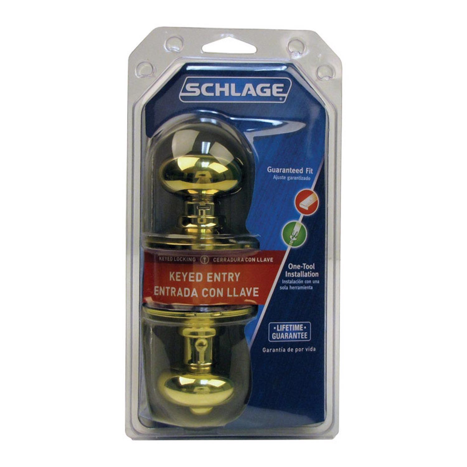 Schlage Plymouth Bright Brass Entry Lockset 1-3/4 in.