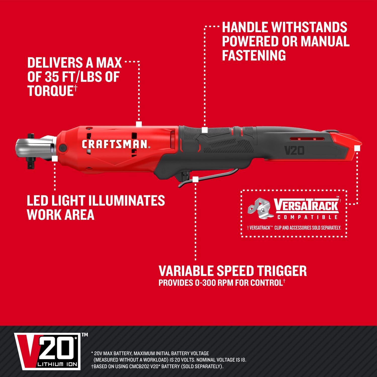 CRAFTSMAN V20 Versatrack 1/4 in. Brushed Cordless Ratchet Tool Only