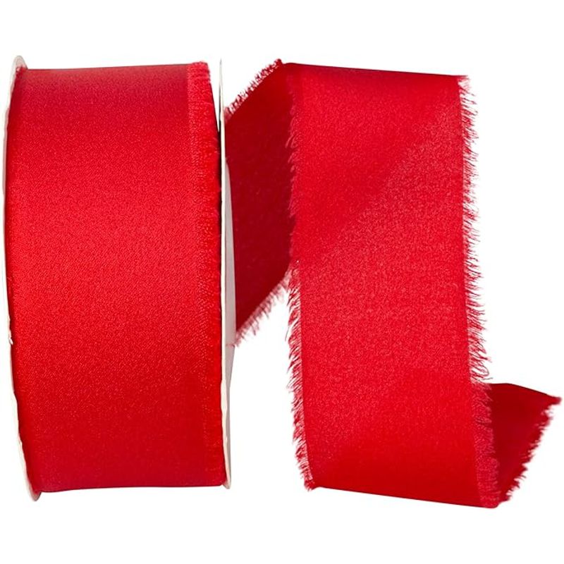Reliant Ribbon Frayed Edge Silk Touch, Red, 1-1/2 in., 25 Yards