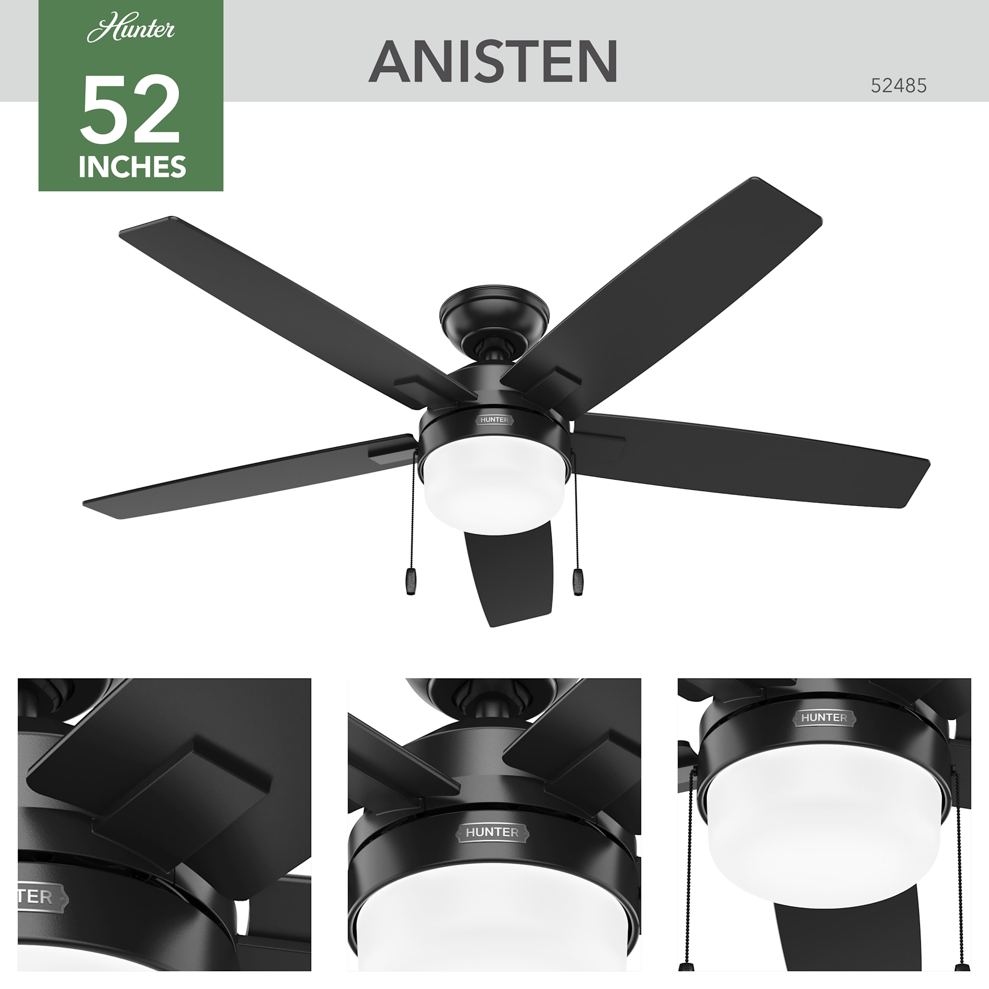 Hunter Fan Anisten 52 inch Matte Black with Matte Black / Dark Gray Oak Blades Ceiling Fan