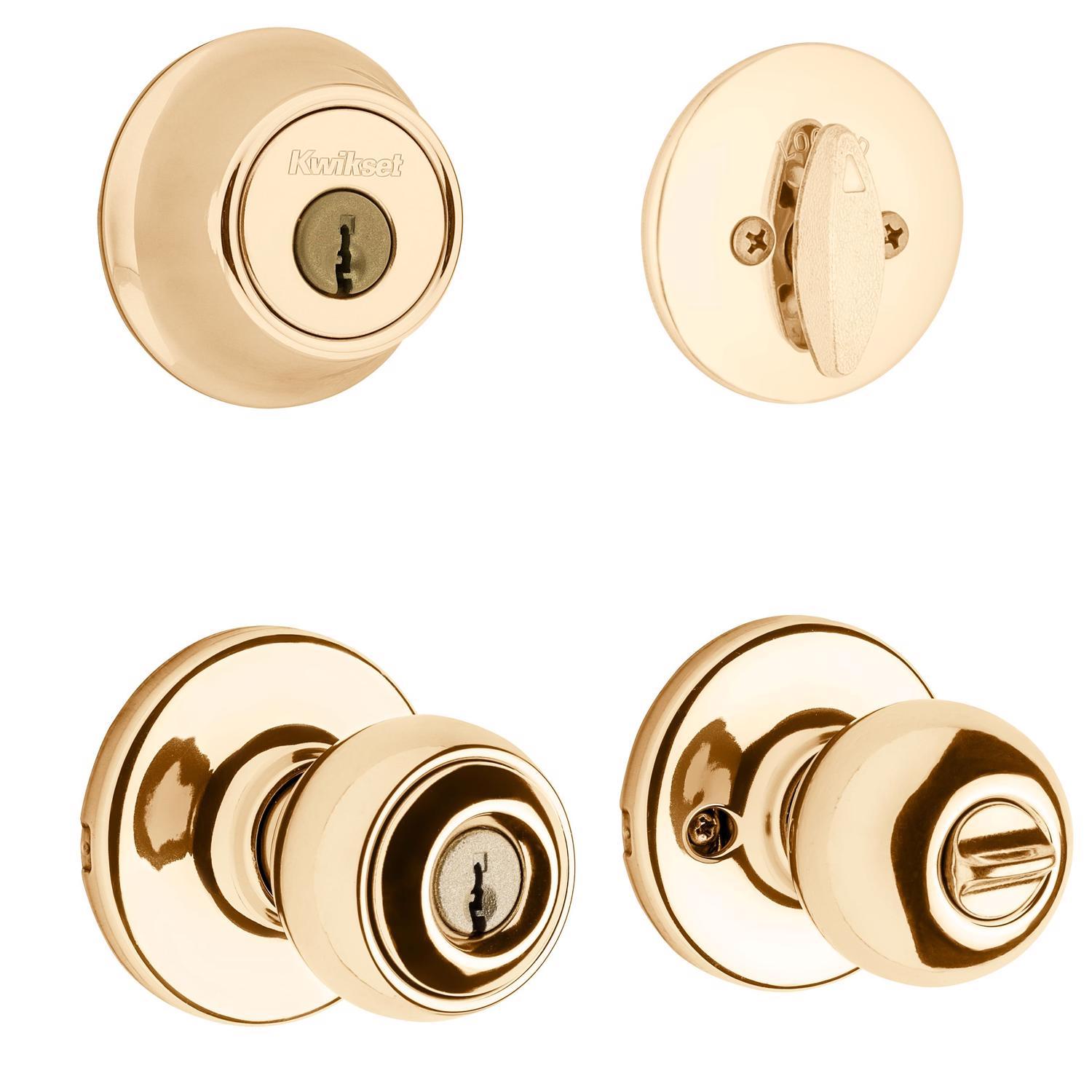 Kwikset Polo Polished Brass Deadbolt and Entry Door Knob 1-3/4 in.