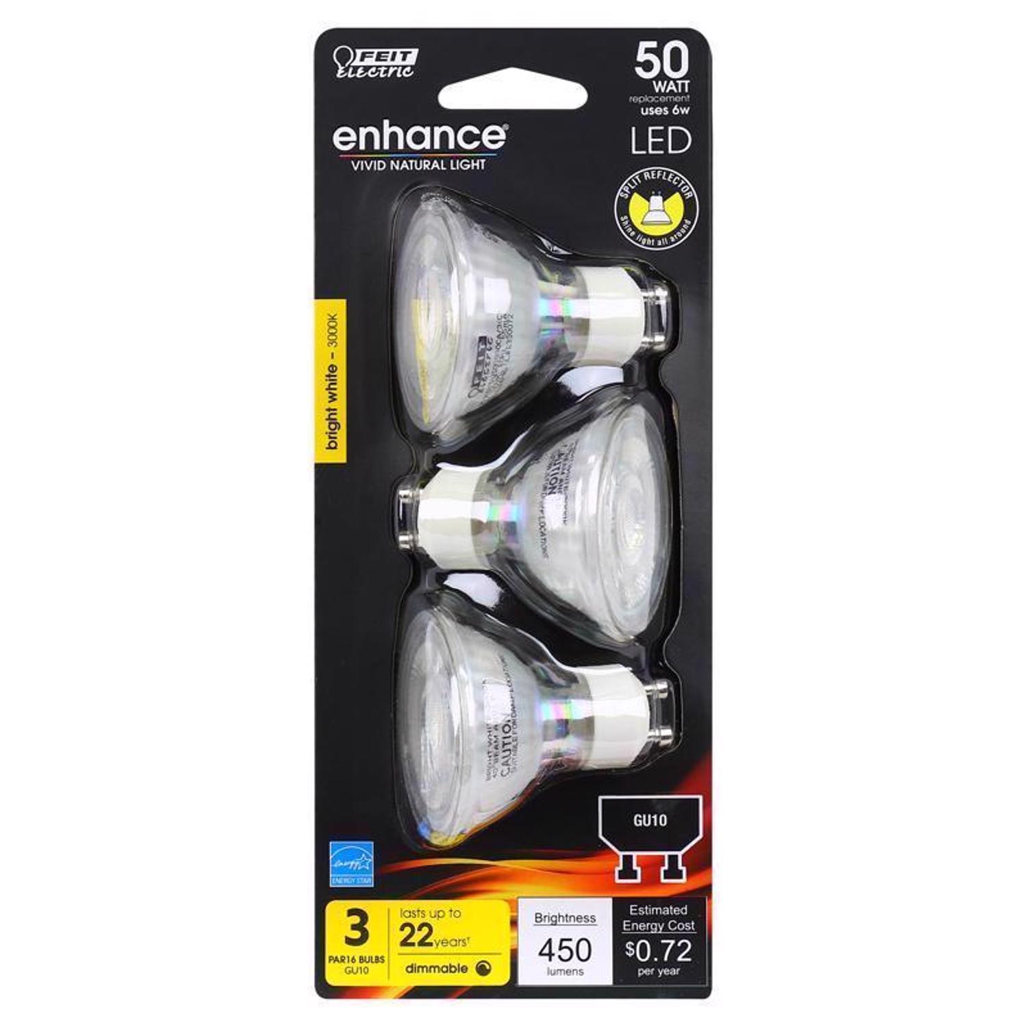 Feit Enhance MR16 GU10 LED Bulb Bright White 50 Watt Equivalence 3 Pack