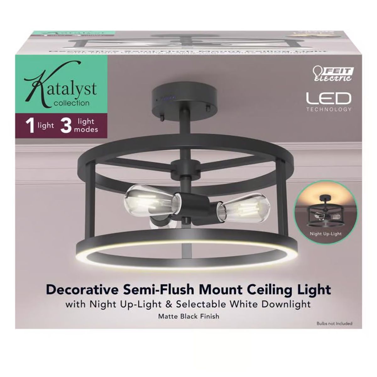 Feit Electric Katalyst 15 in. 3-Light Matte Black Color Choice Selectable CCT LED with Night Light Semi-Flush Mount Ceiling Light