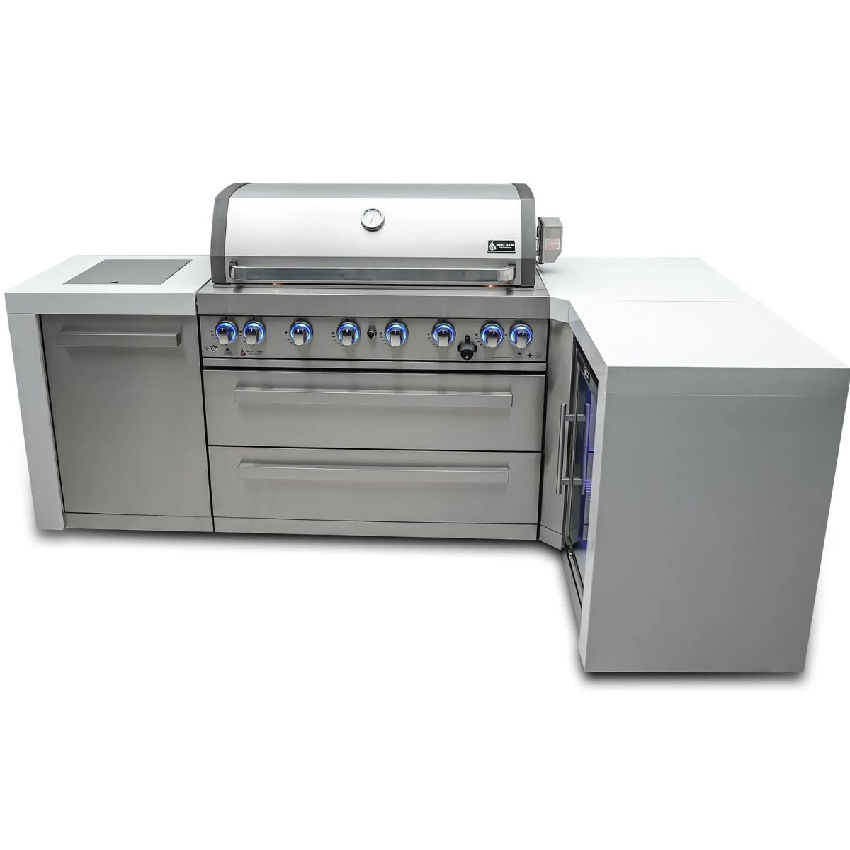 Mont Alpi 6-Burner Deluxe island with a 90-degree corner and a fridge cabinet