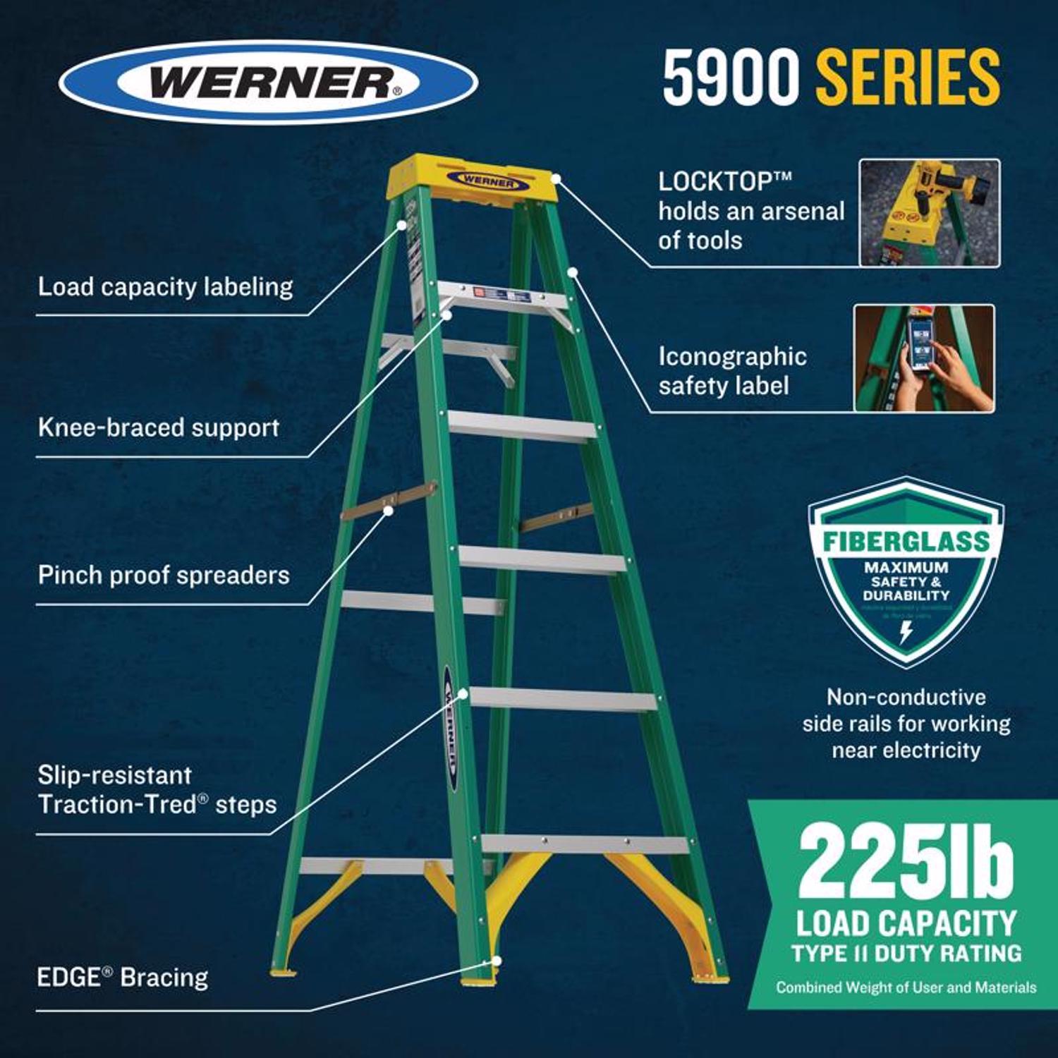 Werner 8 ft. H Fiberglass Step Ladder Type II 225 lb. capacity