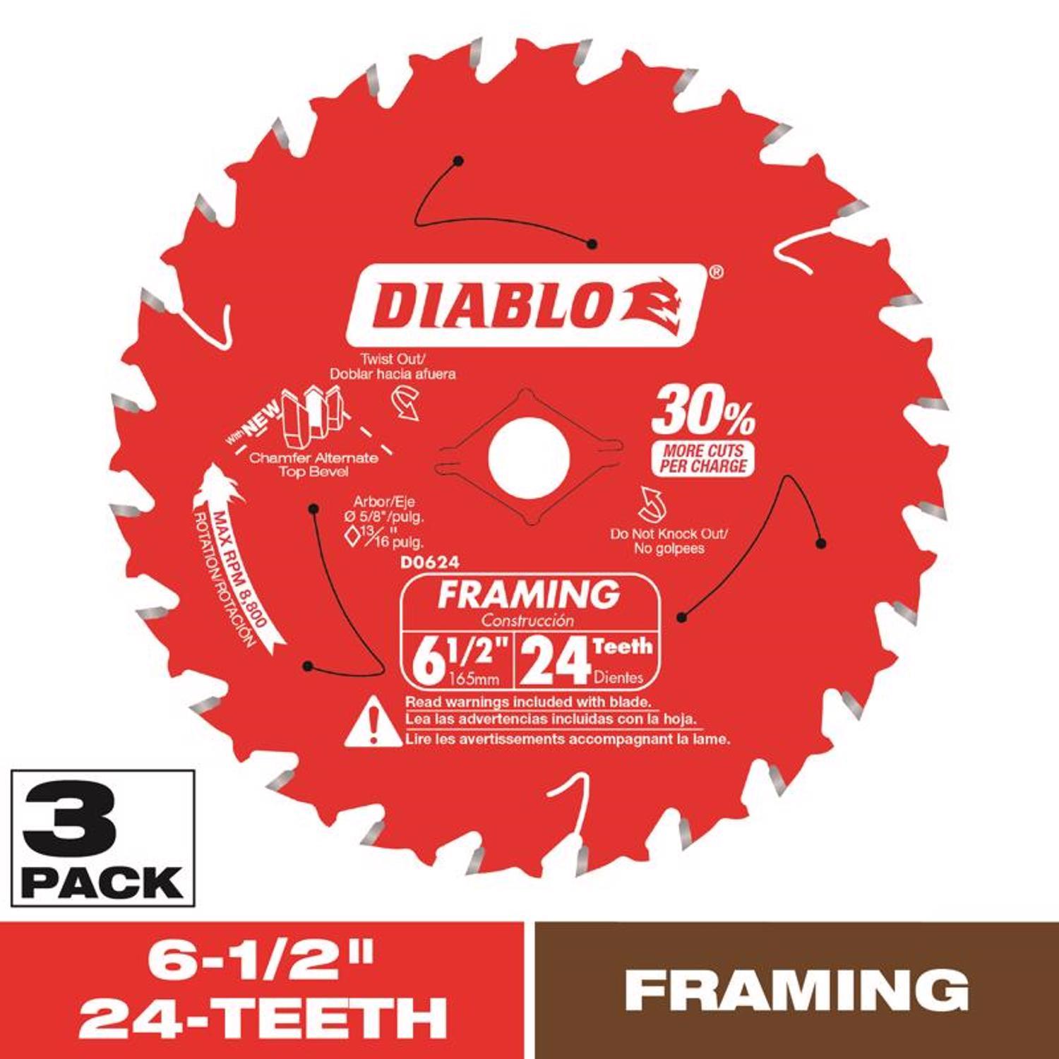 Diablo Tracking Point 6-1/2 in. D X 5/8 in. TiCo Hi-Density Carbide Framing Blade 24 teeth 1 pk