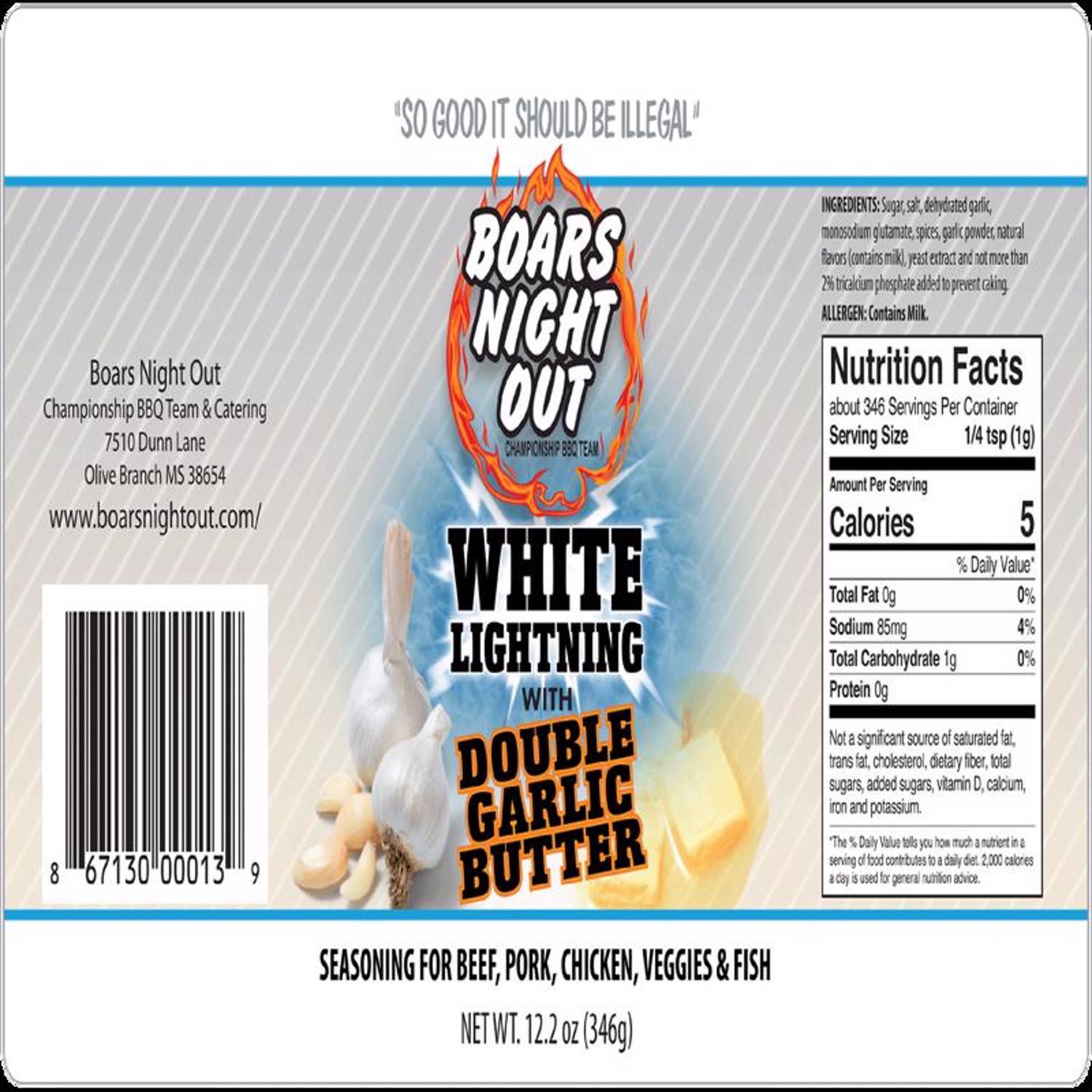 Boars Night Out White Lightning with Butter and Garlic BBQ Seasoning 12.2 oz