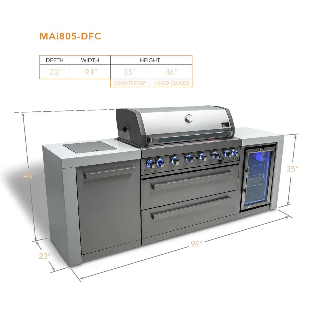 Mont Alpi 6-Burner Deluxe Island with fridge cabinet MAI805-DFC