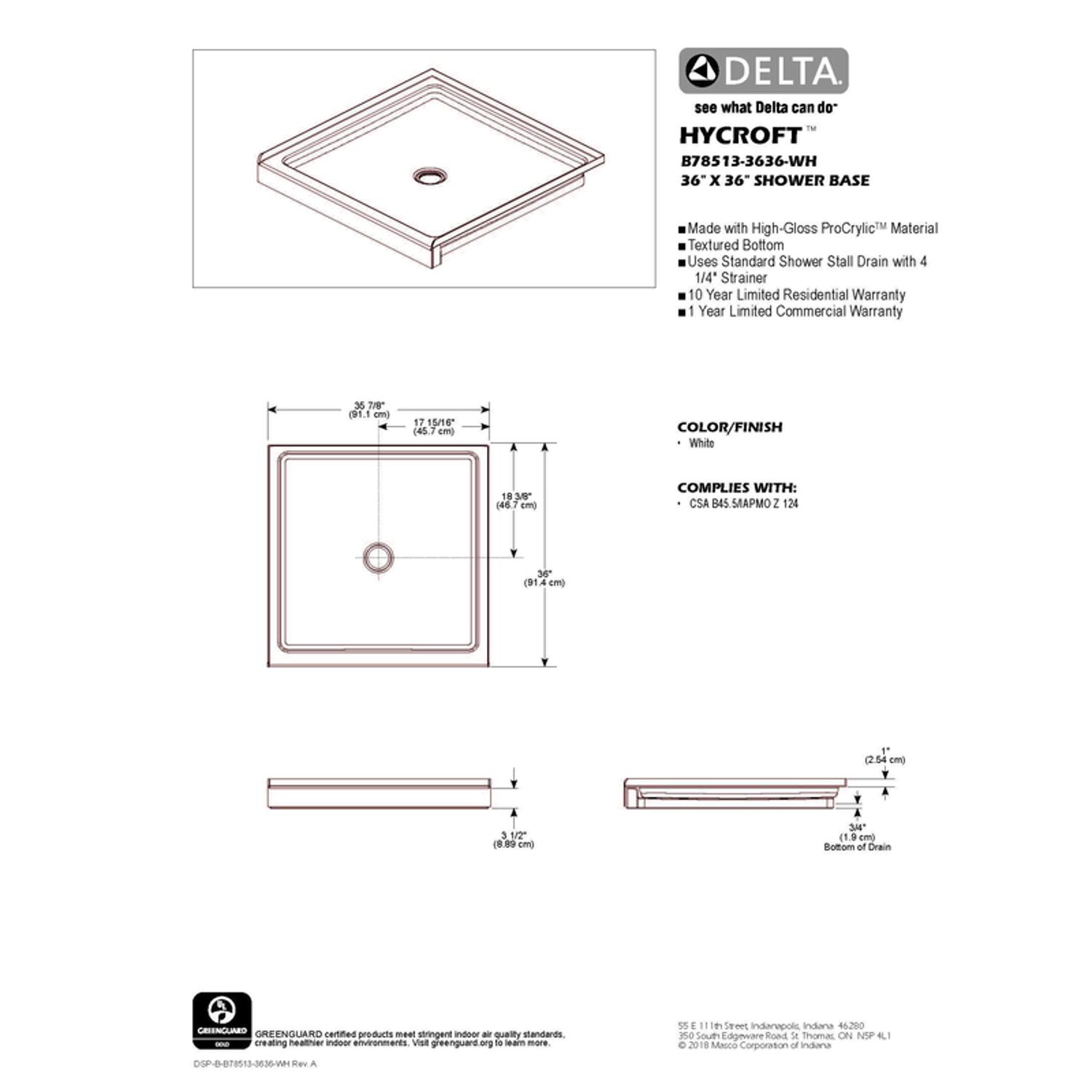 Delta Hycroft 4.5 in. H X 36 in. W X 36 in. L White Shower Base