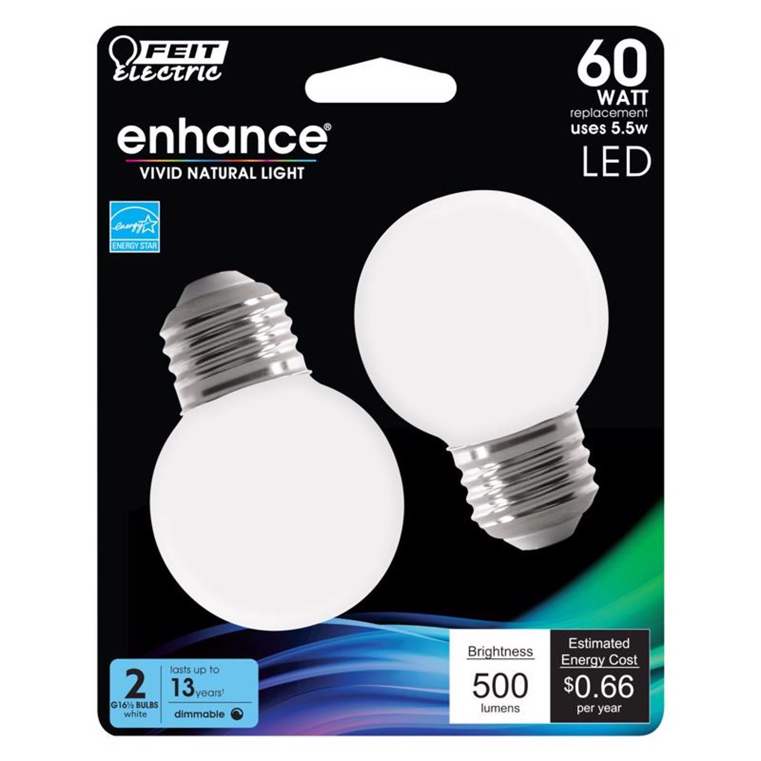 Feit Electric Enhance G16.5 E26 (Medium) Filament Led Bulb Daylight 60 Watt Equivalence 2 Pack