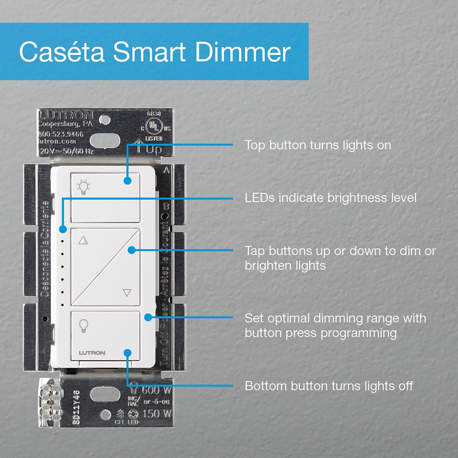 Lutron Caseta White 150 W Touch Smart-Enabled Dimmer Switch 1 pk