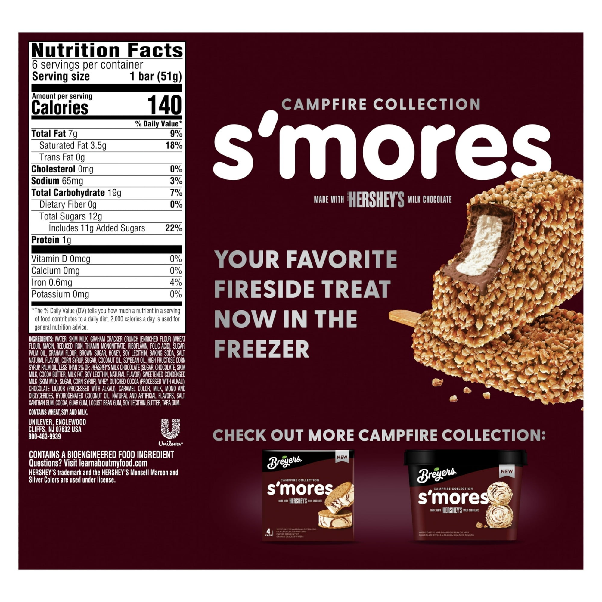 Breyers Campfire Collection S'mores Bar Ice Cream made with Hershey's milk chocolate 18 fl oz 6 Ct
