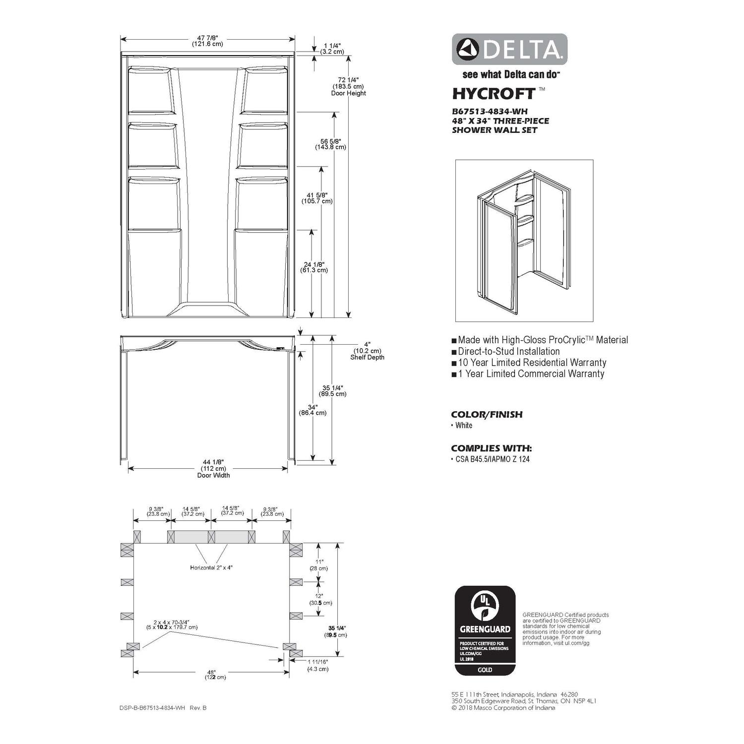 Delta Hycroft 73.5 in. H X 34 in. W X 48 in. L White Shower Surround