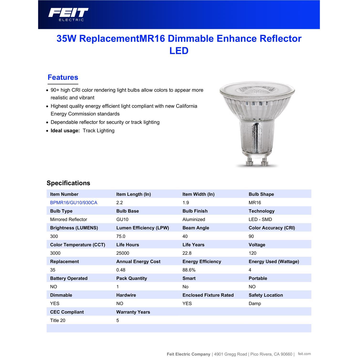 Feit Enhance MR16 GU10 LED Bulb Bright White 35 Watt Equivalence 1 pk