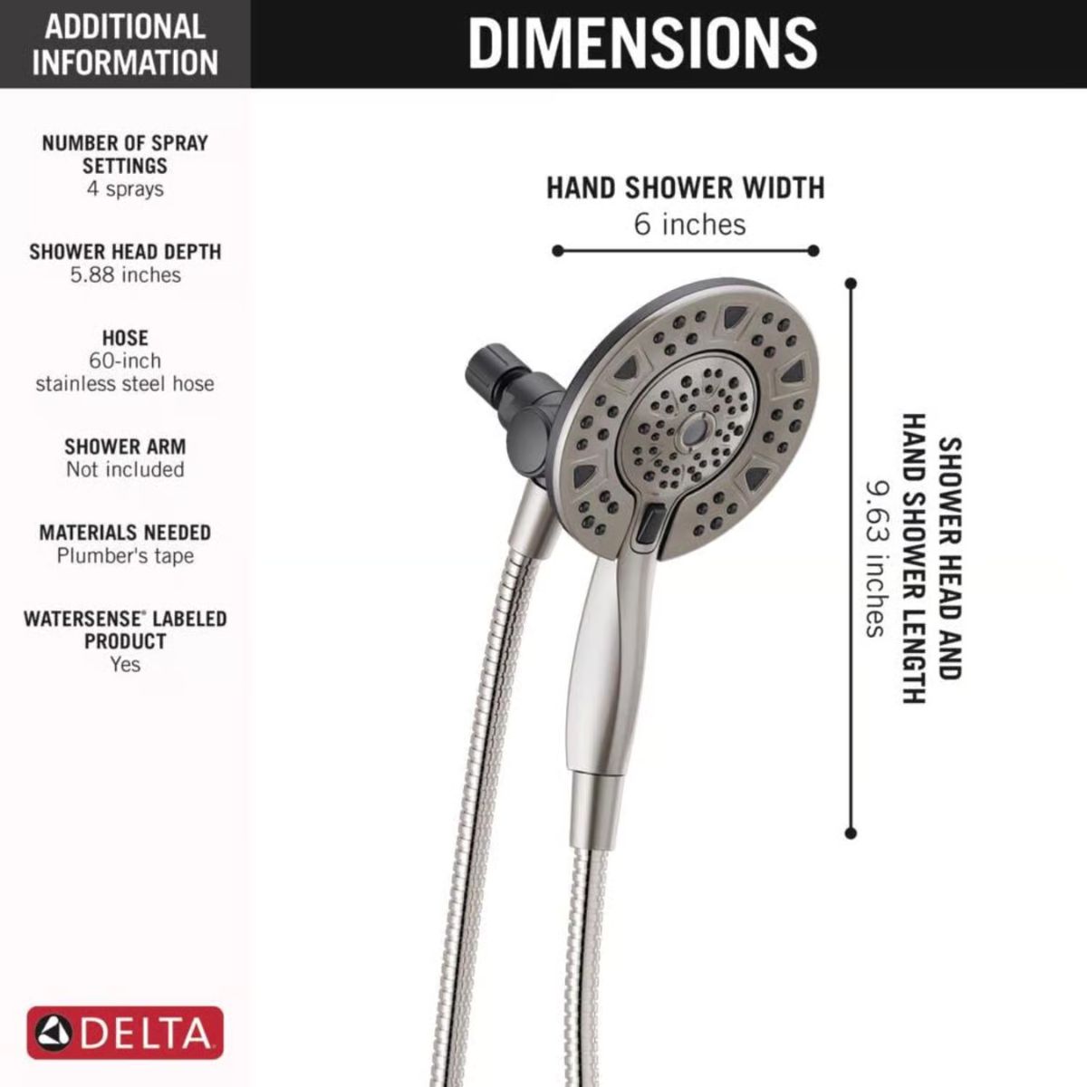 Delta Brushed Nickel 4 settings Showerhead Combo 1.75 gpm