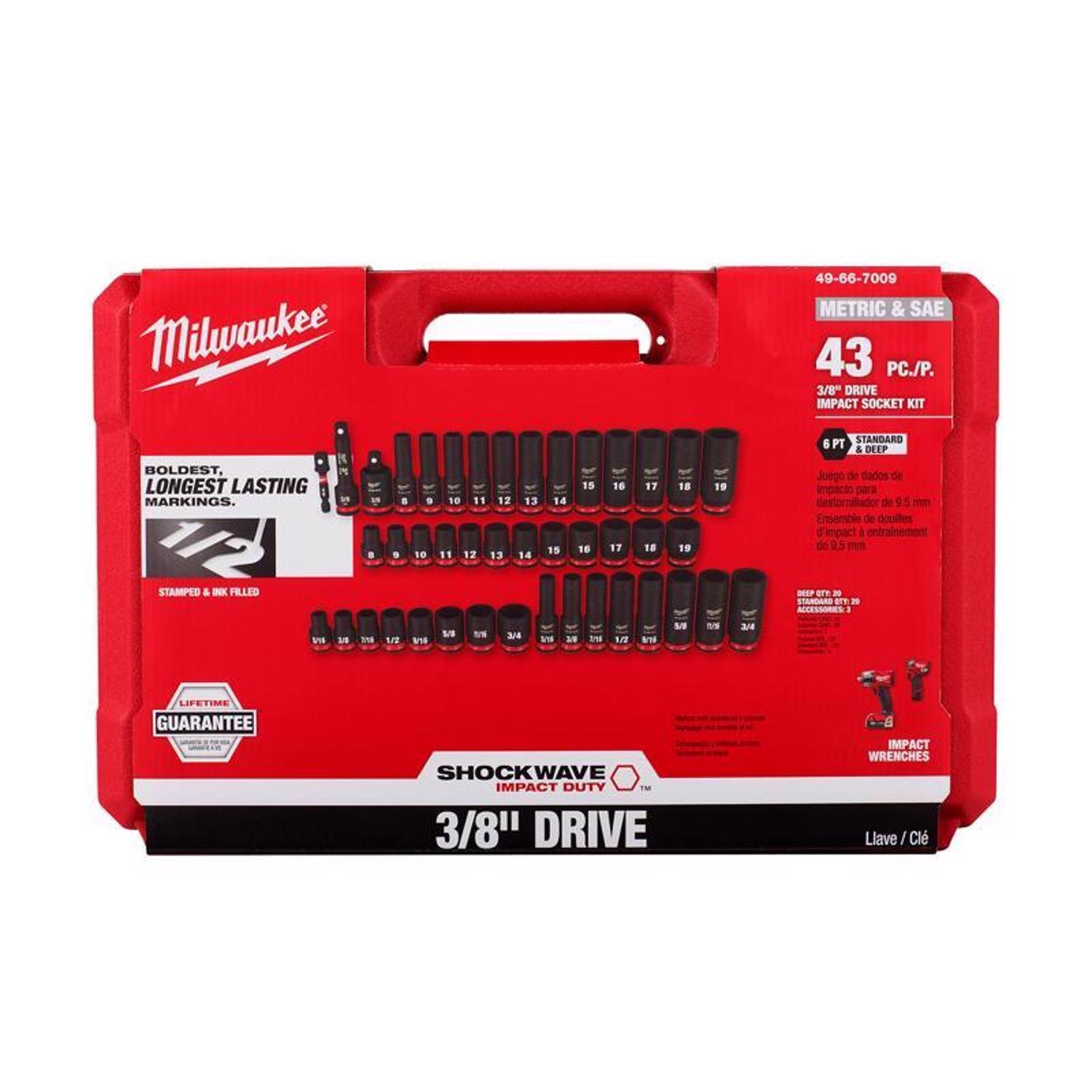 Milwaukee Shockwave 3/8 in. drive Metric/SAE 6 Point Standard/Deep Impact Rated Socket Set 43 Pack