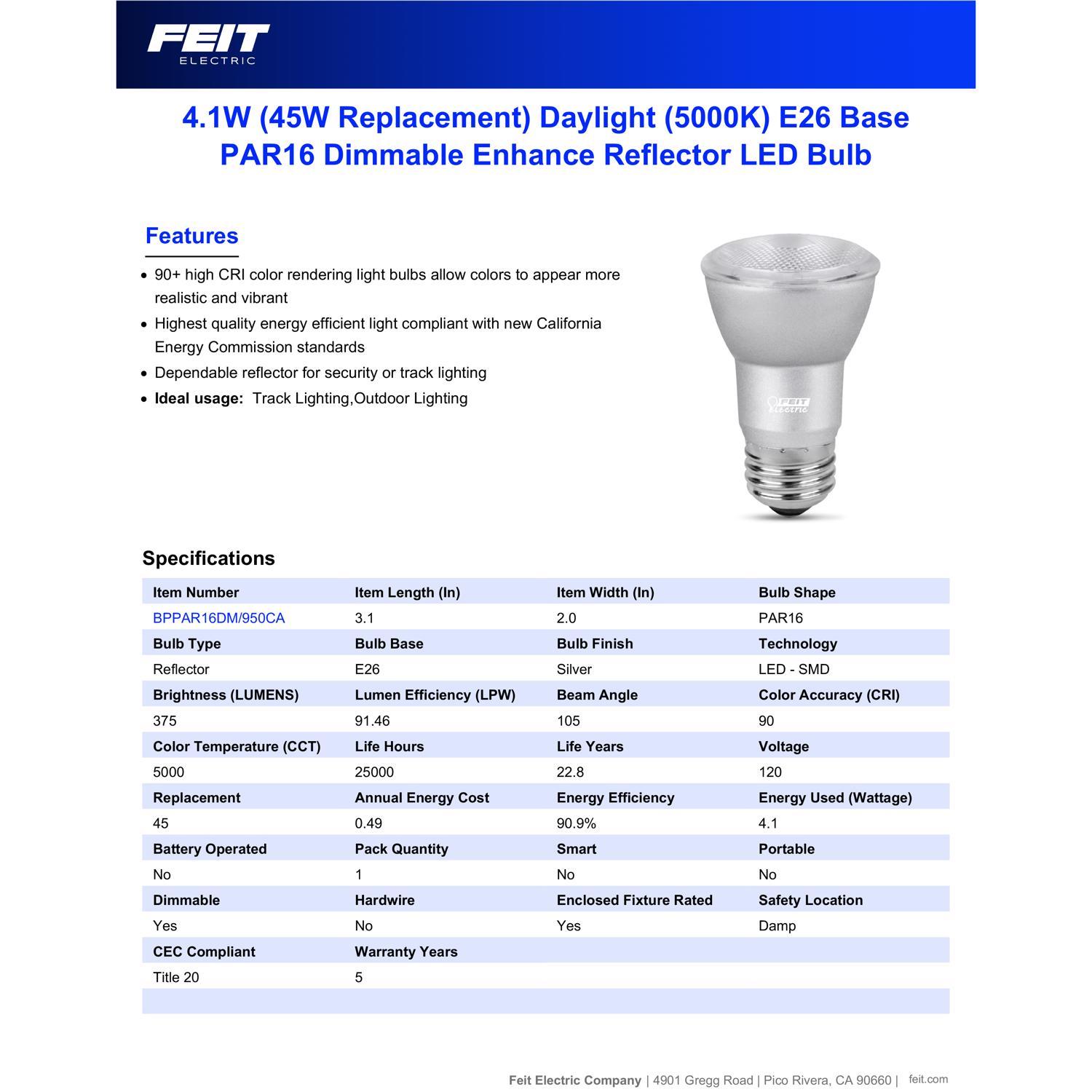 Feit Enhance PAR16 E26 (Medium) LED Bulb Daylight 45 Watt Equivalence 1 pk