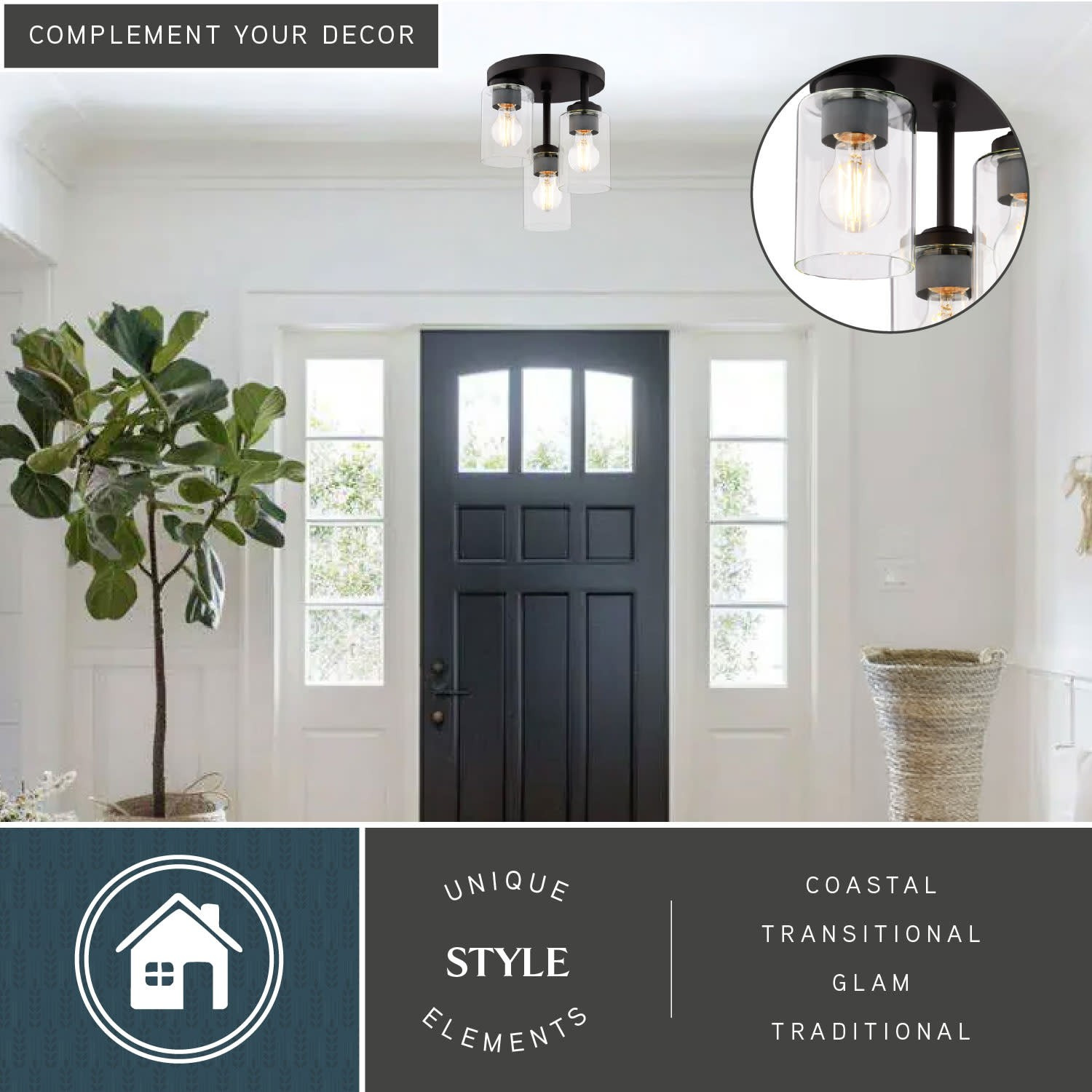 Vaxcel Lighting C0326 Park Ridge 3 Light 11 in.W Semi-Flush Ceiling - Black