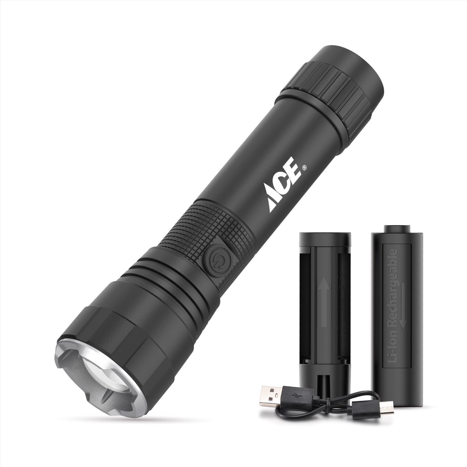Ace 900 lm Black LED Rechargeable Rechargeable Flashlight 18650 Battery