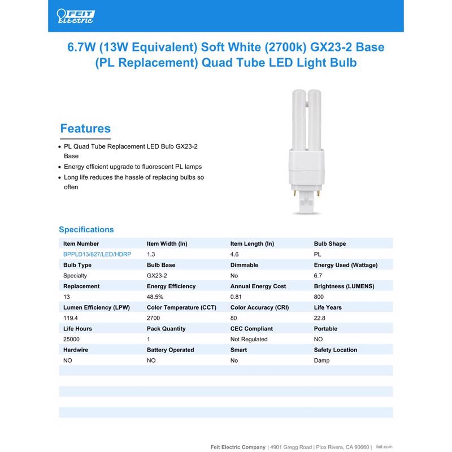 Feit Linear PL GX23-2 LED Tube Light Soft White 13 Watt Equivalence 1 pk