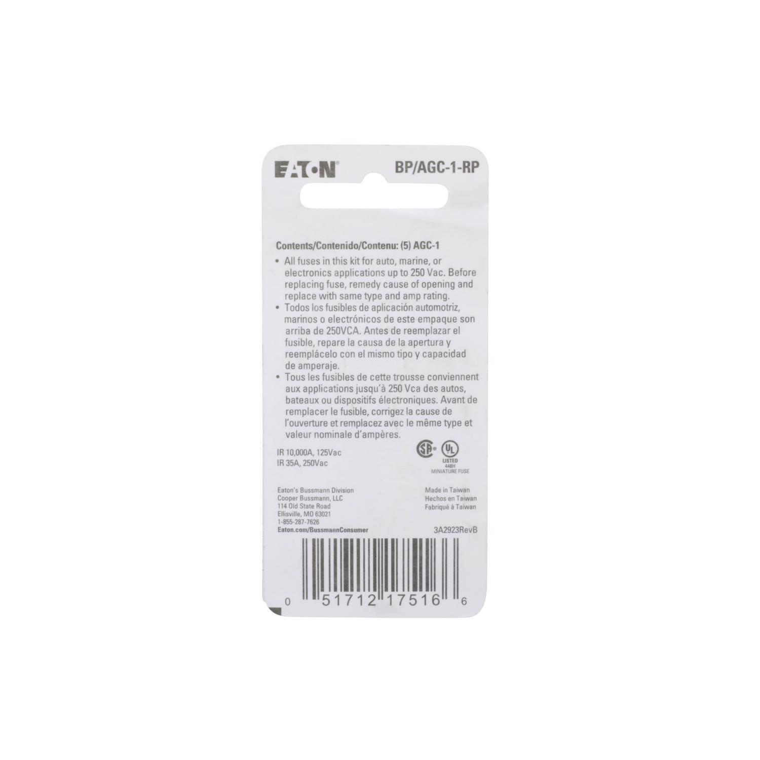 Bussmann 1 amps AGC Clear Glass Tube Fuse 5 pk