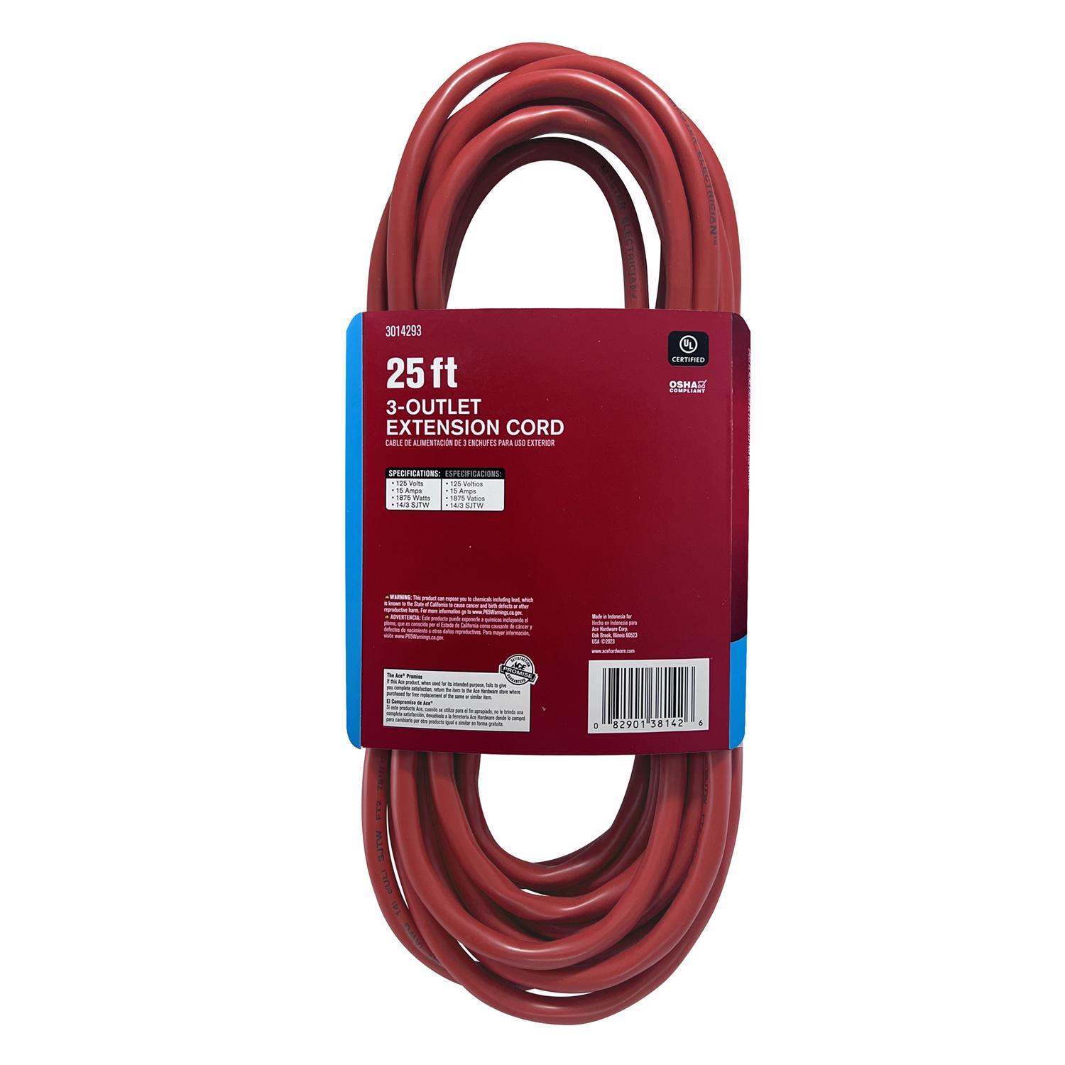 Ace Indoor or Outdoor 25 ft. L Red Triple Outlet Cord 14/3 SJTW