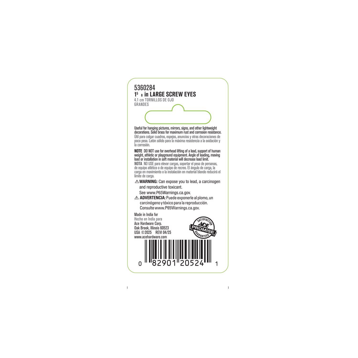 Ace 3/16 in. D X 1-5/8 in. L Polished Brass Screw Eye 45 lb. cap. 3 pk