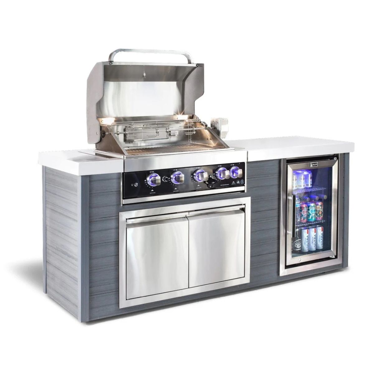 Mont Alpi 400 Artwood Island with Black Stainless Steel Grill and Fridge / 4-Burners, Infrared Rear Burner, Rotisserie Kit