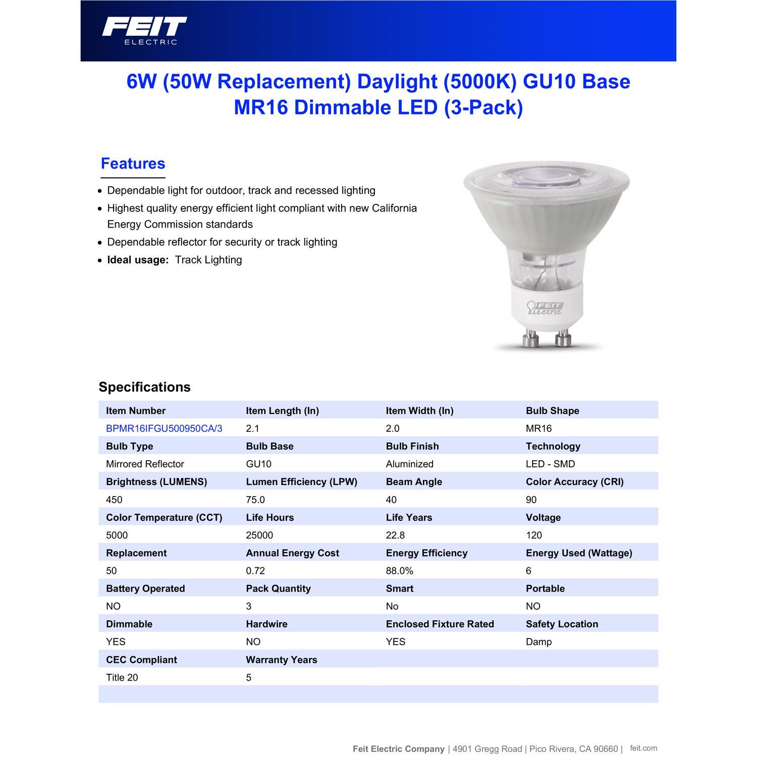 Feit Enhance MR16 GU10 LED Bulb Daylight 50 Watt Equivalence 3 pk