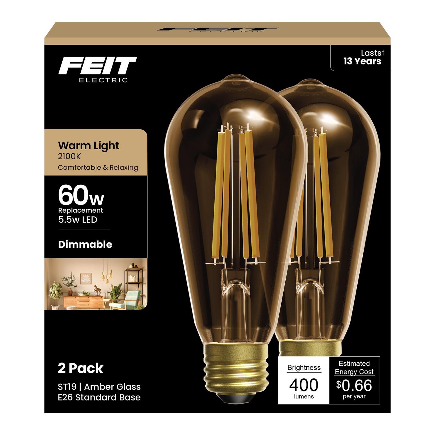 Feit ST19 E26 (Medium) Filament LED Bulb Warm Amber 60 Watt Equivalence 2 pk