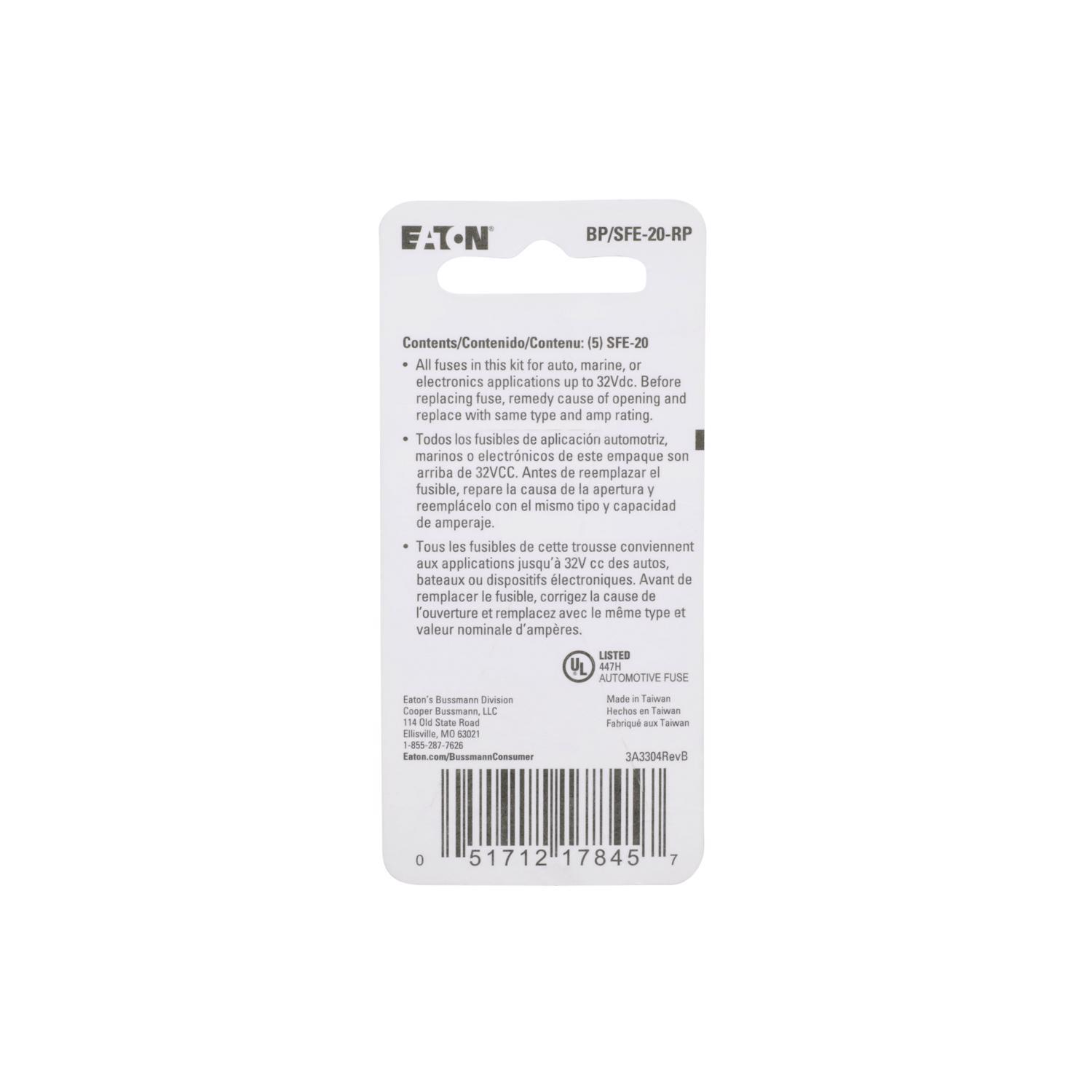 Bussmann 20 amps SFE Clear Glass Tube Fuse 5 pk
