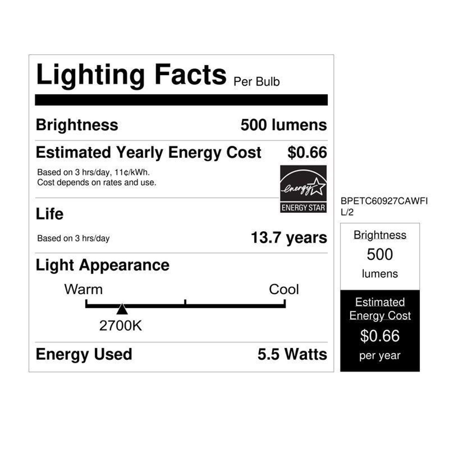 Feit White Filament B10 E26 (Medium) Filament LED Bulb Soft White 60 Watt Equivalence 2 pk