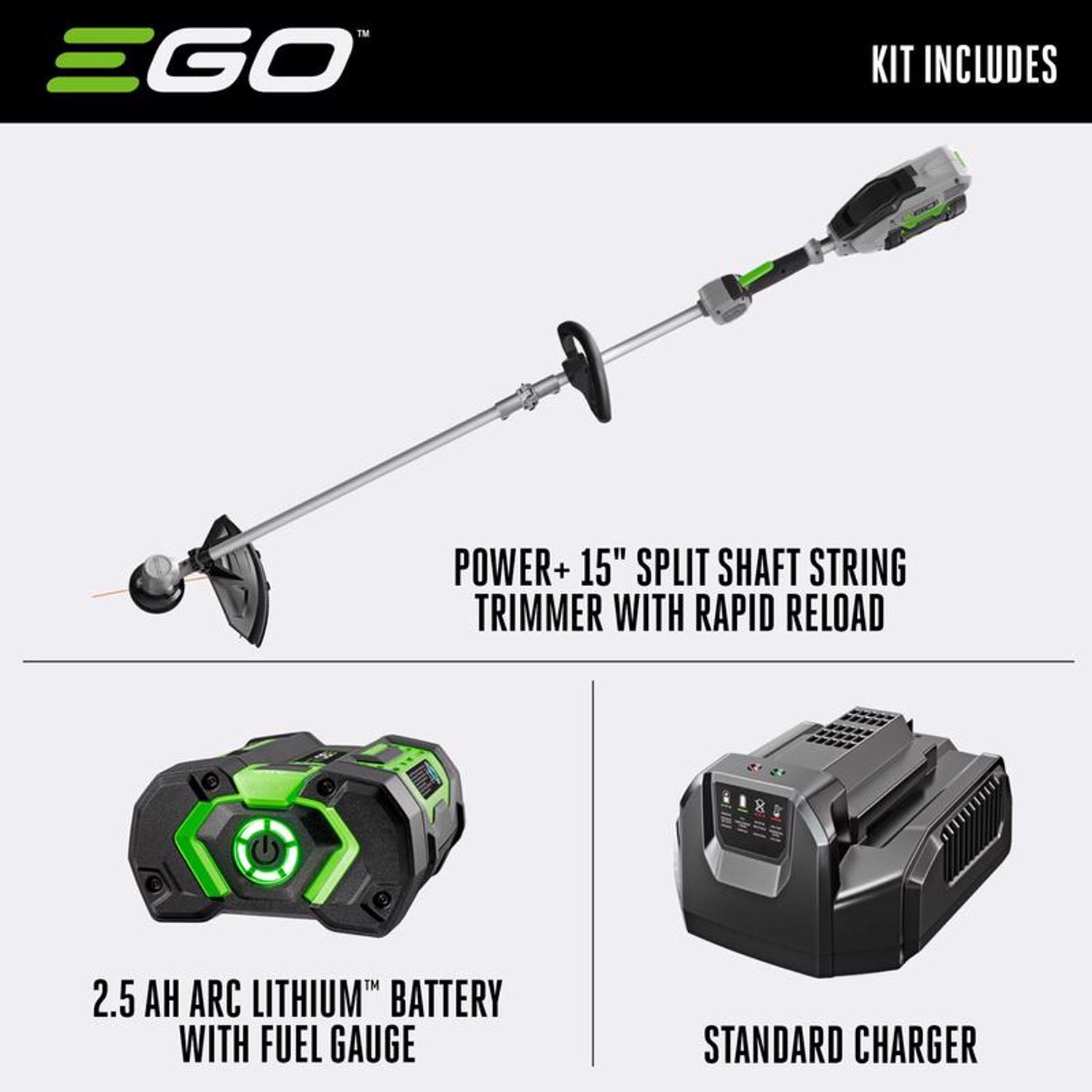 EGO Power+ ST1502SA 15 in. 56 V Battery String Trimmer Kit (Battery & Charger) SPLIT SHAFT W/ RAPID RELOAD & 2.5 AH BATTERY