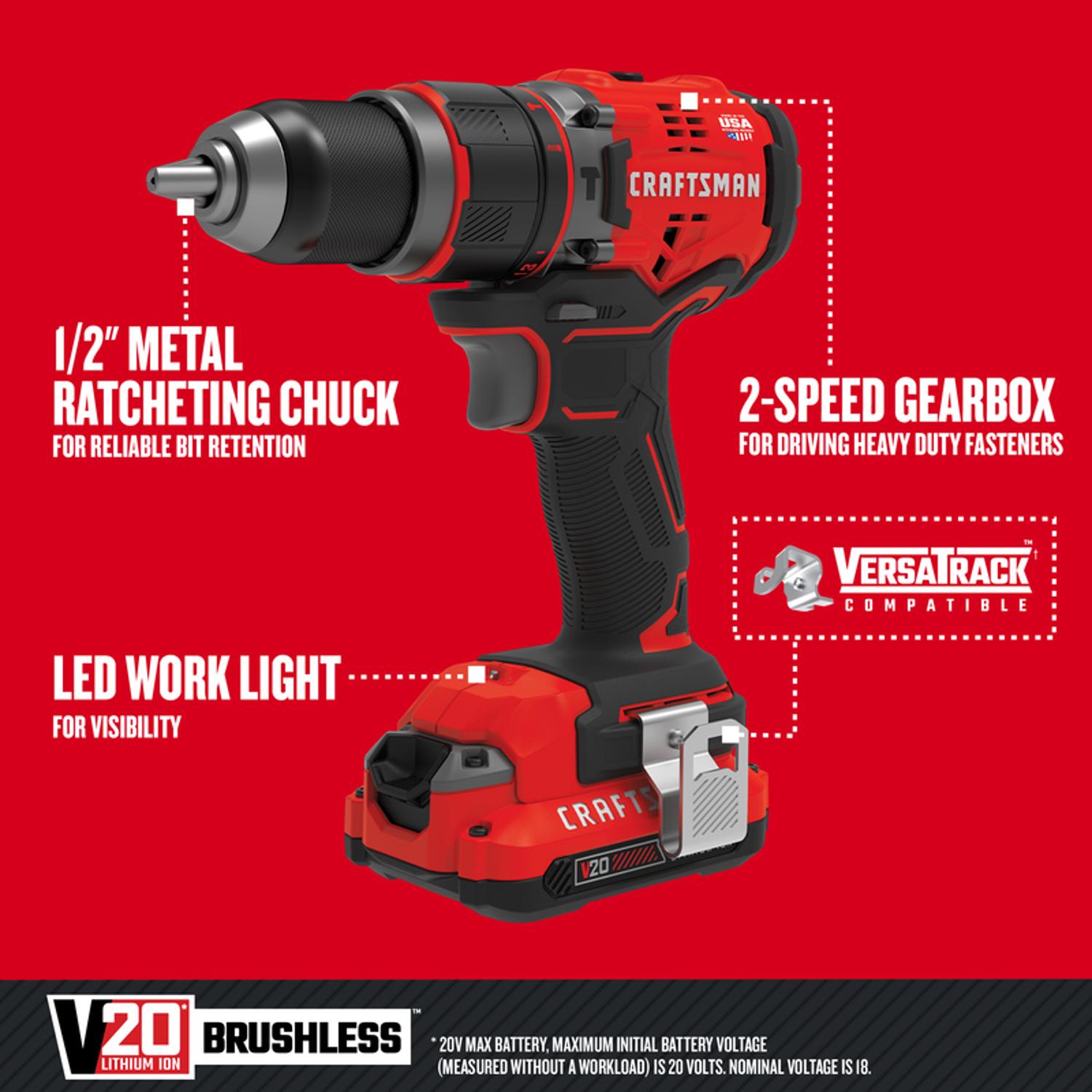 Craftsman V20 1/2 in. Brushless Cordless Hammer Drill Kit (Battery & Charger)