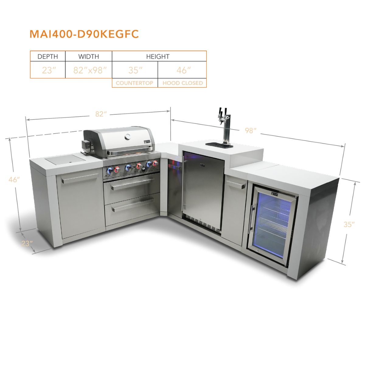 Mont Alpi 4-burner Deluxe Island with a 90-degree corner, kegerator, and fridge cabinet