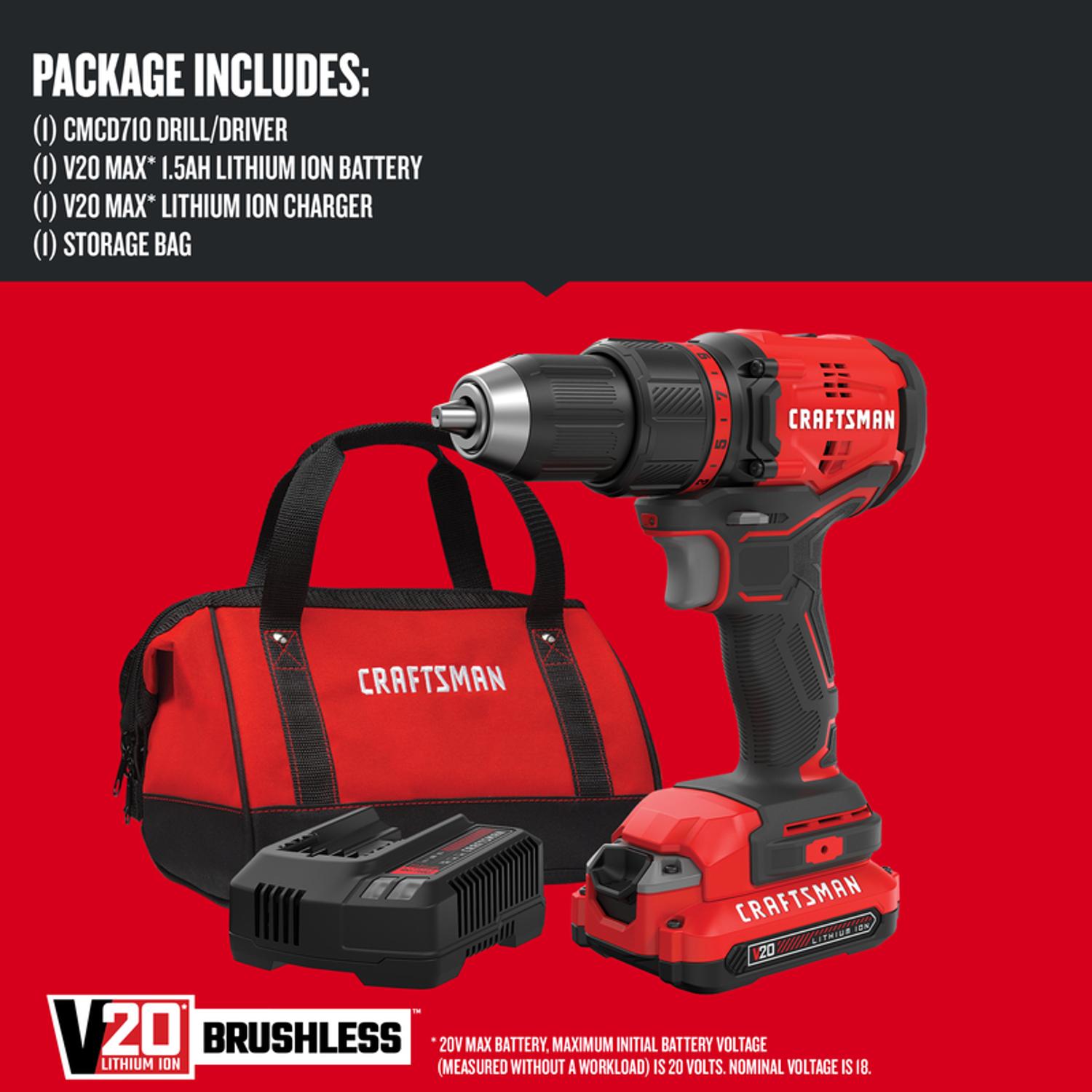 Craftsman V20 1/2 in. Brushless Cordless Drill/Driver Kit (Battery & Charger)