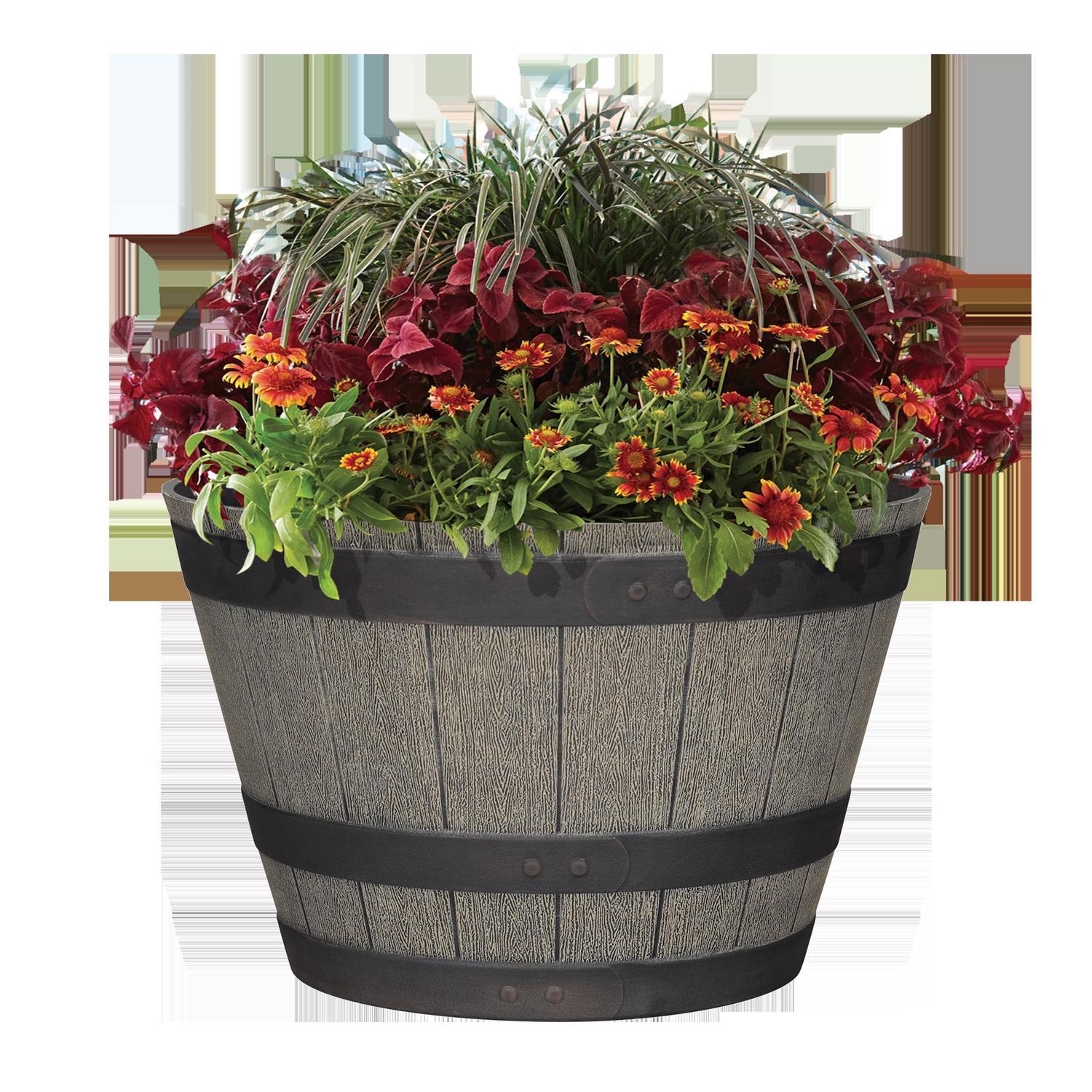 L&G 12 in. H X 19 in. W X 19 in. D X 19 in. D Polyresin Whiskey Barrel Planter Oak