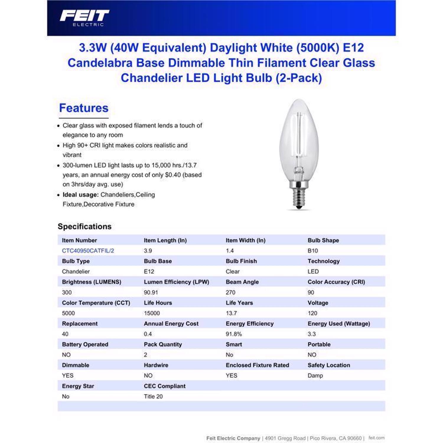 Feit B10 E12 (Candelabra) Filament LED Bulb Daylight 40 Watt Equivalence 2 pk