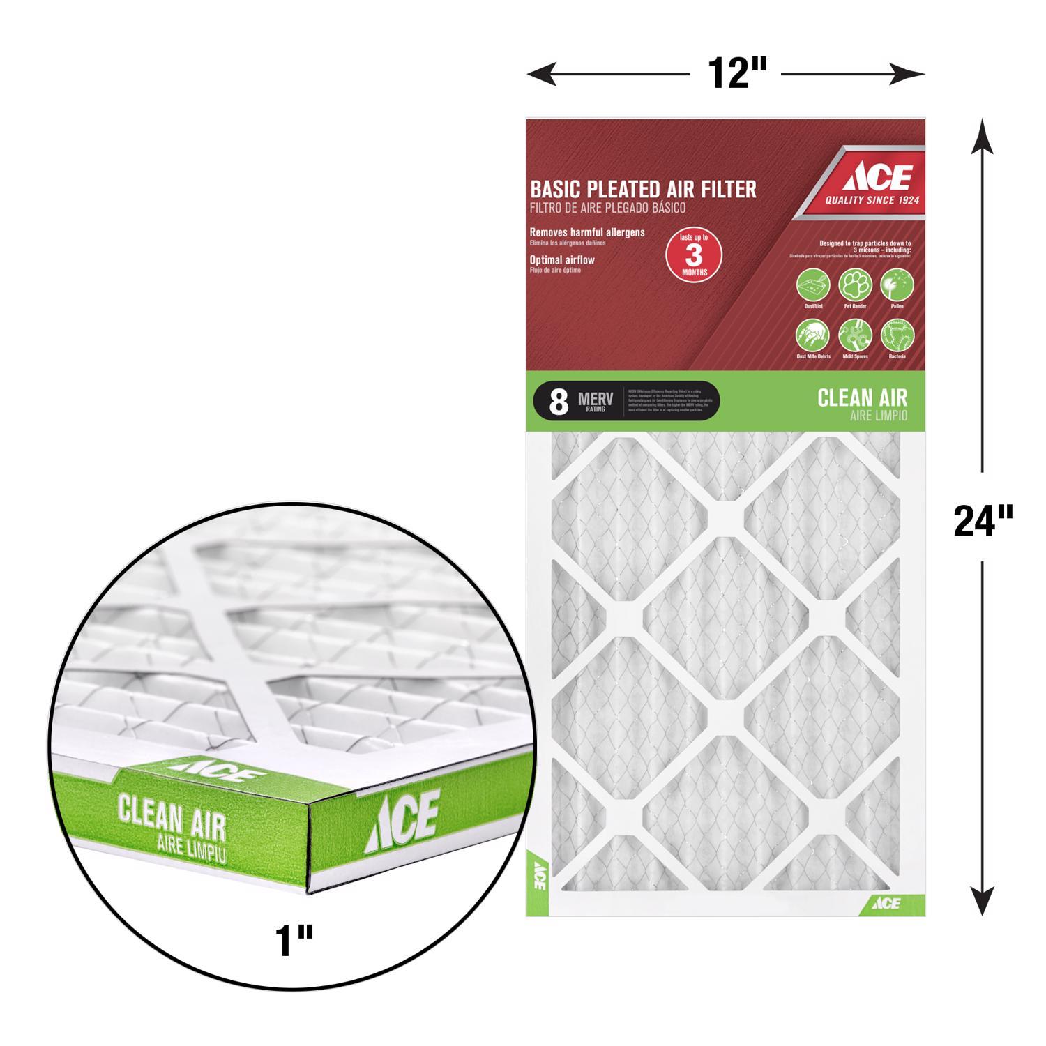 Ace 12 in. W X 24 in. H X 1 in. D Synthetic 8 MERV Pleated Air Filter 1 pk