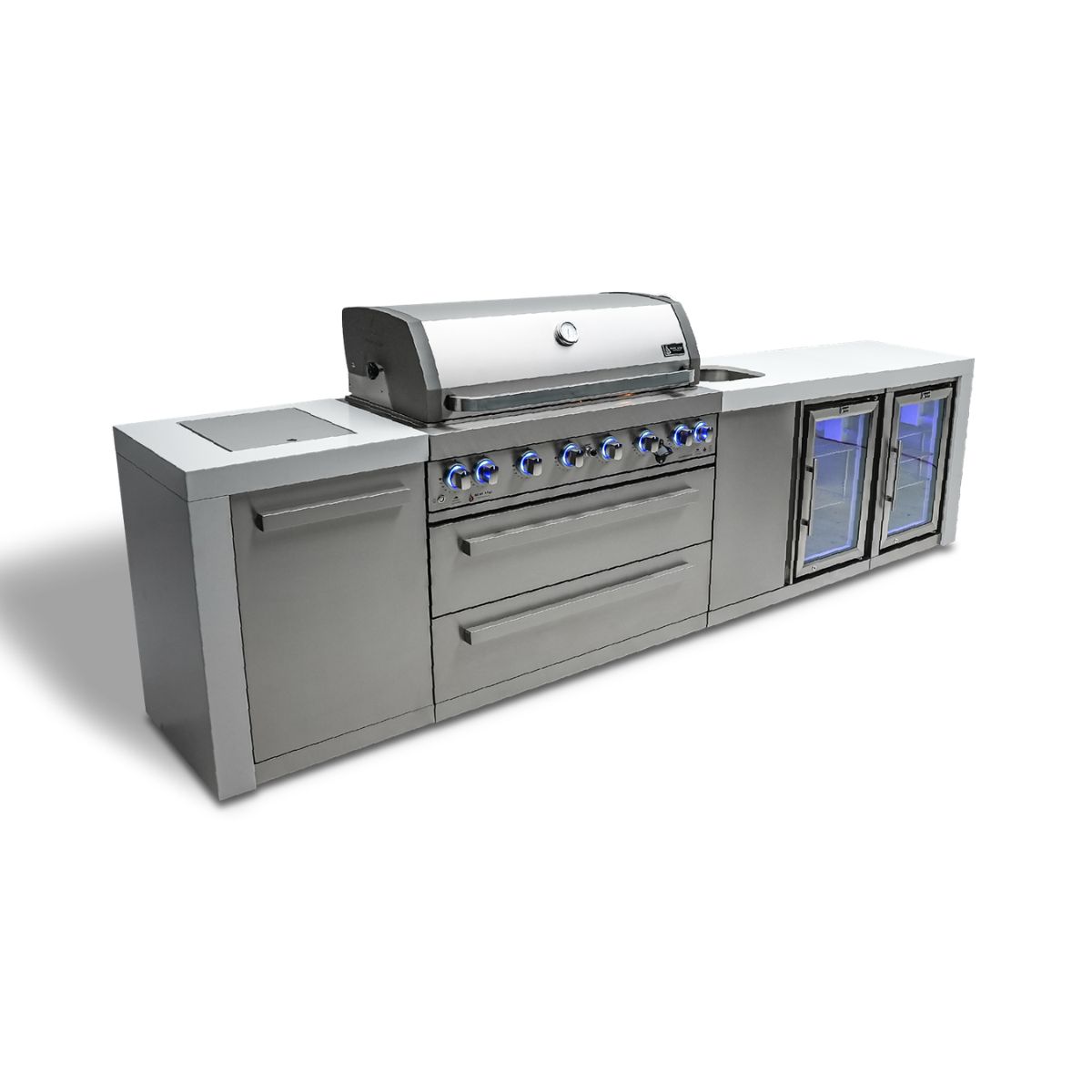 Mont Alpi 6-Burner Deluxe island with beverage center and fridge cabinet