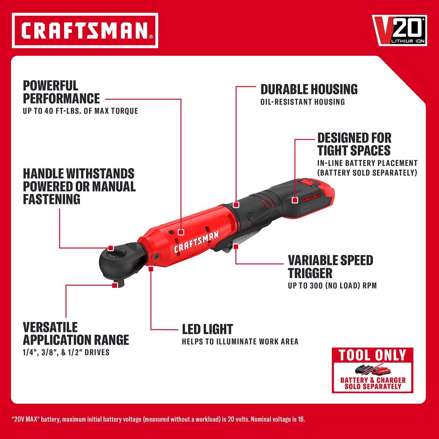 CRAFTSMAN V20 1/2 in. Brushed Cordless Ratchet Tool Only