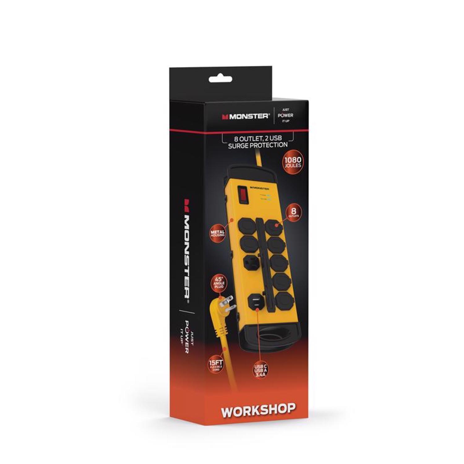 Monster Just Power it Up 15 ft. L 8 outlets Surge Protector w/USB Yellow 1080 J
