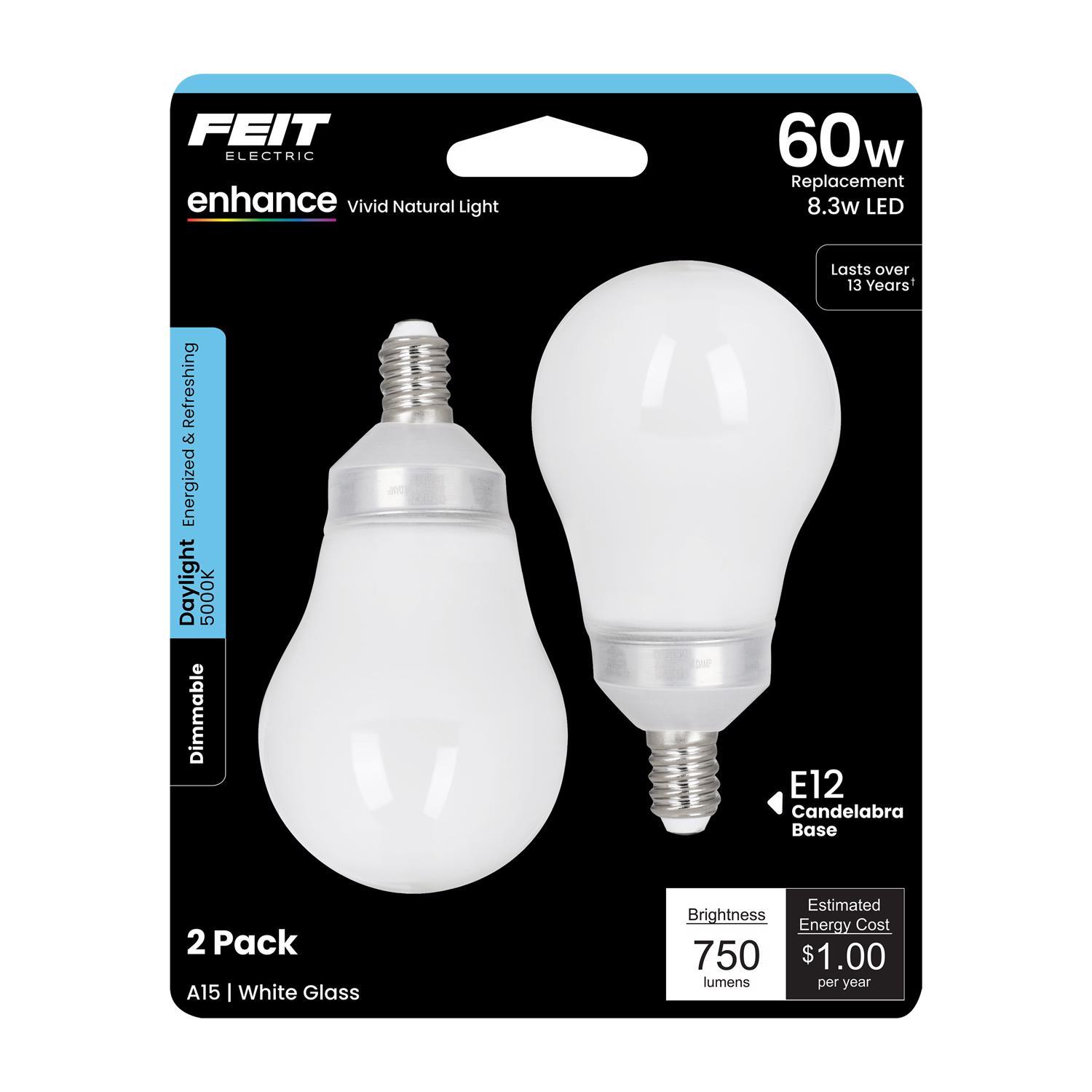 Feit Enhance A15 E12 (Candelabra) Filament LED Bulb Daylight 60 Watt Equivalence 2 pk