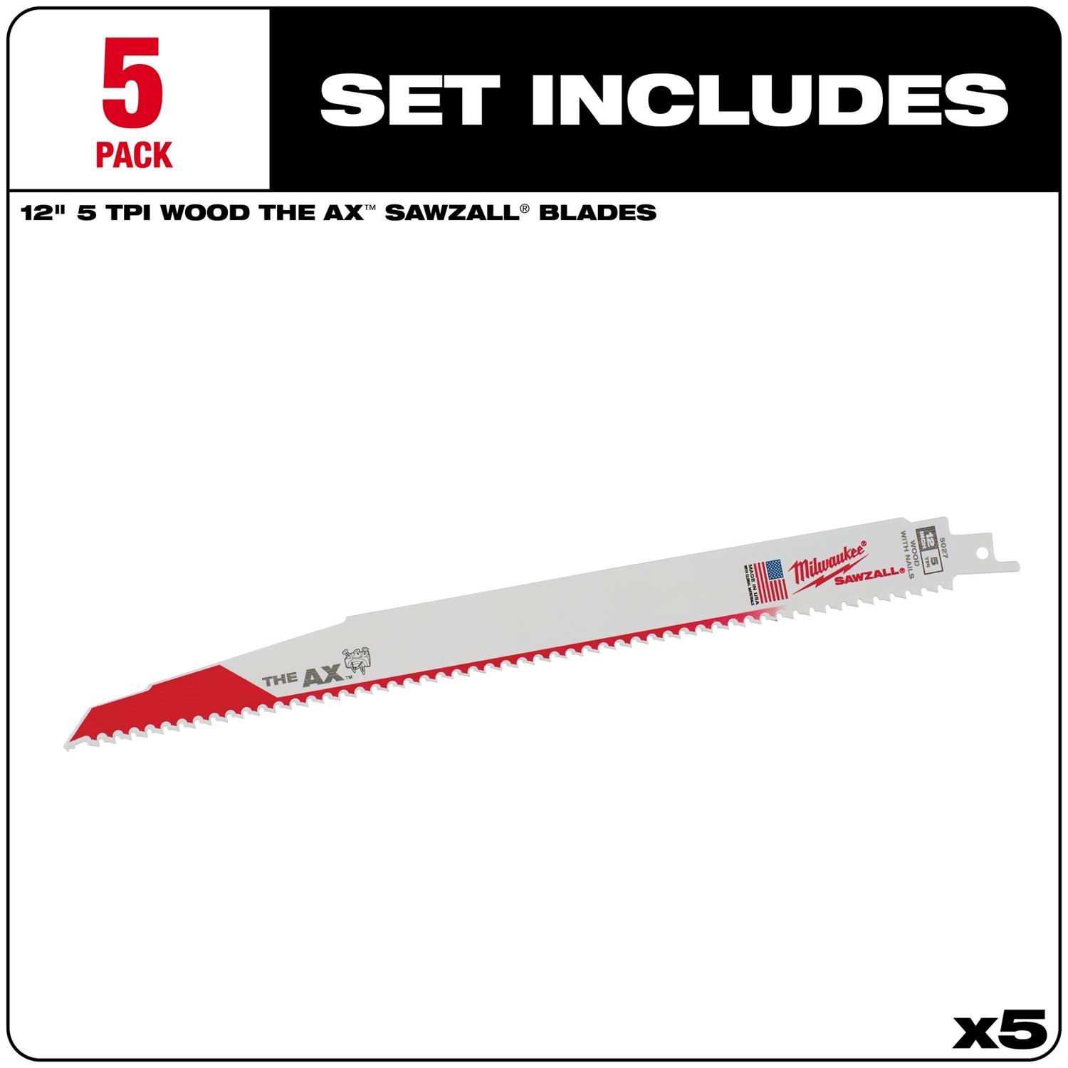 Milwaukee The AX 12 in. Bi-Metal Wood demolition Reciprocating Saw Blade 5 TPI 5 pk