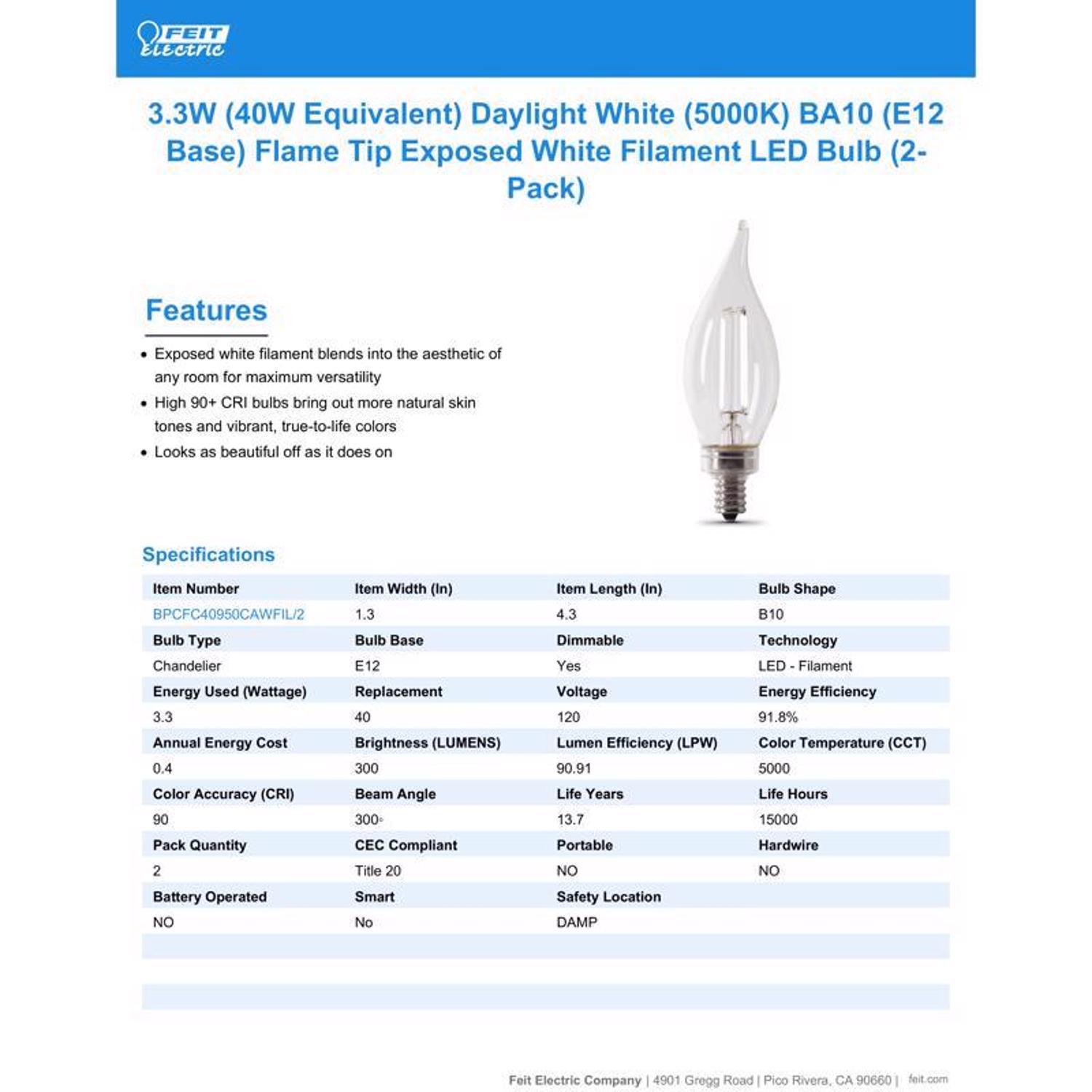 Feit White BA10 E12 (Candelabra) Filament LED Bulb Daylight 40 Watt Equivalence 2 pk