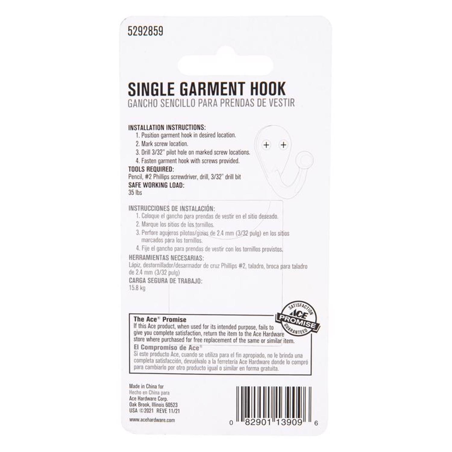 Ace 1-3/4 in. L White Metal Medium Single Garment Hook 2 pk