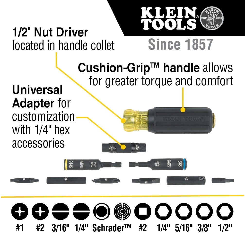 Klein Tools KNECT™ Impact-Rated HVAC Screwdriver / Nut Driver, 11-in-1