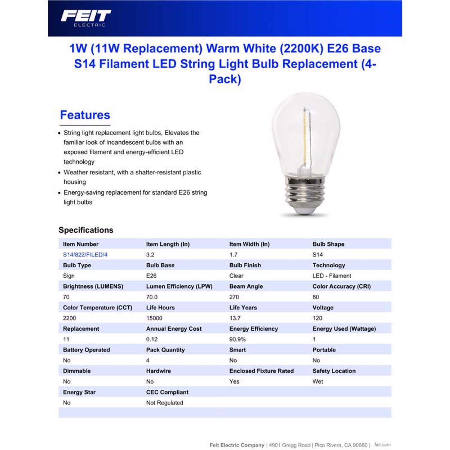 Feit S14 E26 (Medium) LED Bulb Warm White 11 Watt Equivalence 4 pk